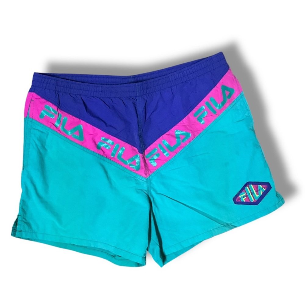 💥 Vintage FILA 80s Colorblock Swim Shorts | Teal Pink‎ Purple Retro Logo M